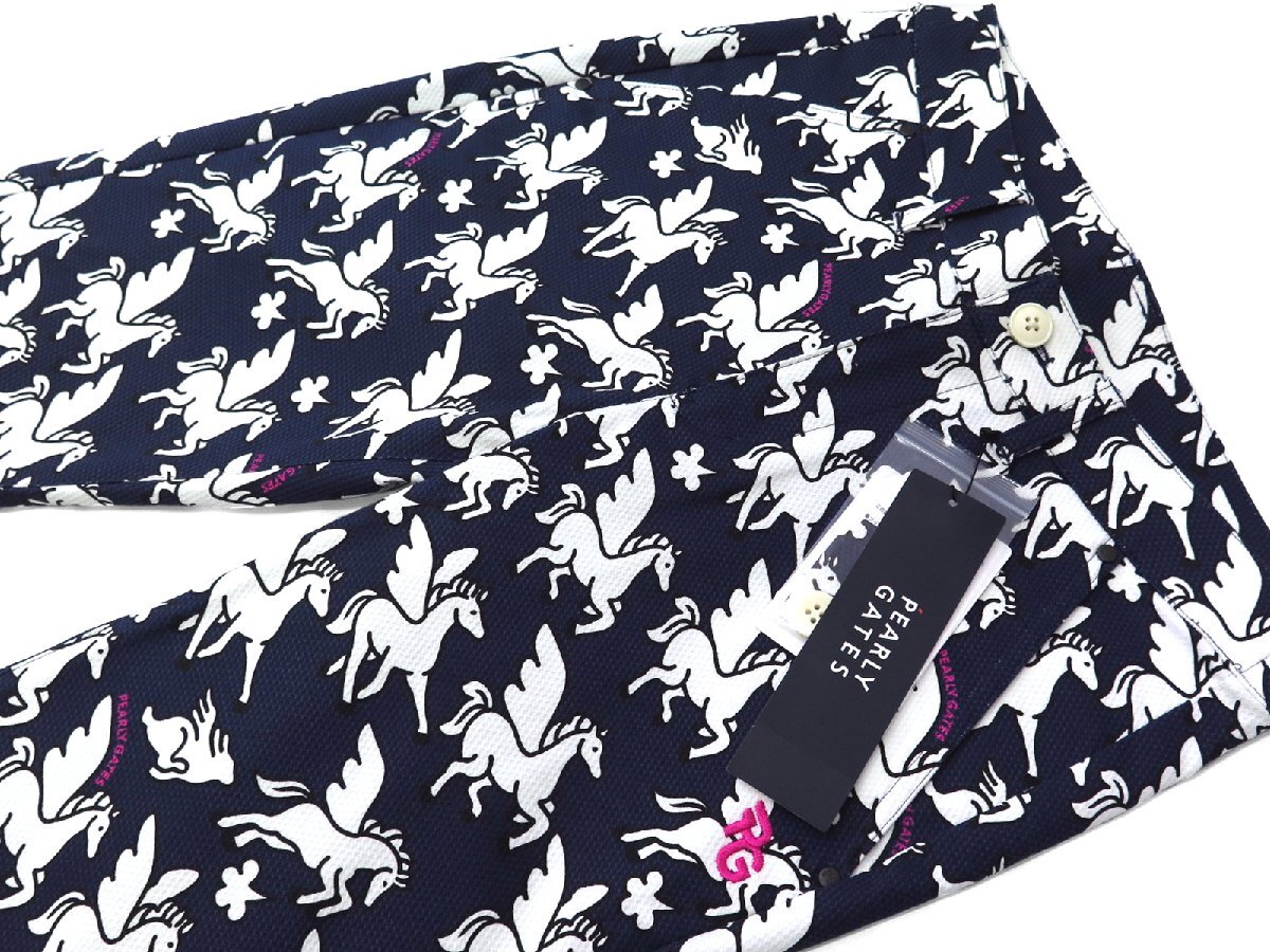 G375● PEARLY GATES パーリーゲイツ ●新品 【ペガサスプリント】 ドビーストレッチ レディースパンツ　ネイビー/SS　定価31900円
