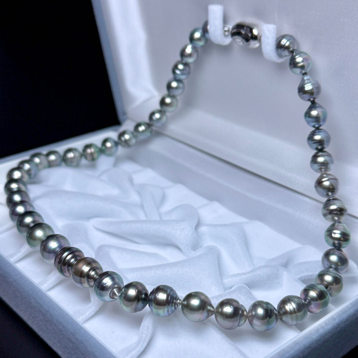 照り◎ 南洋パール 黒蝶真珠 ネックレス 8.15〜10.68㎜ 44㎝ 50.2g 本真珠 クロチョウ pearl jewelry necklace SILVER刻印 黒蝶(くろちょう)真珠
