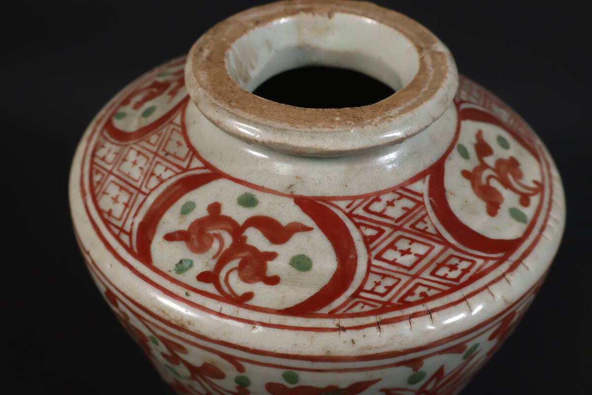 【和】(A2891)　時代古作　唐物　古赤絵花文壺　南京赤絵　保管箱有_画像6