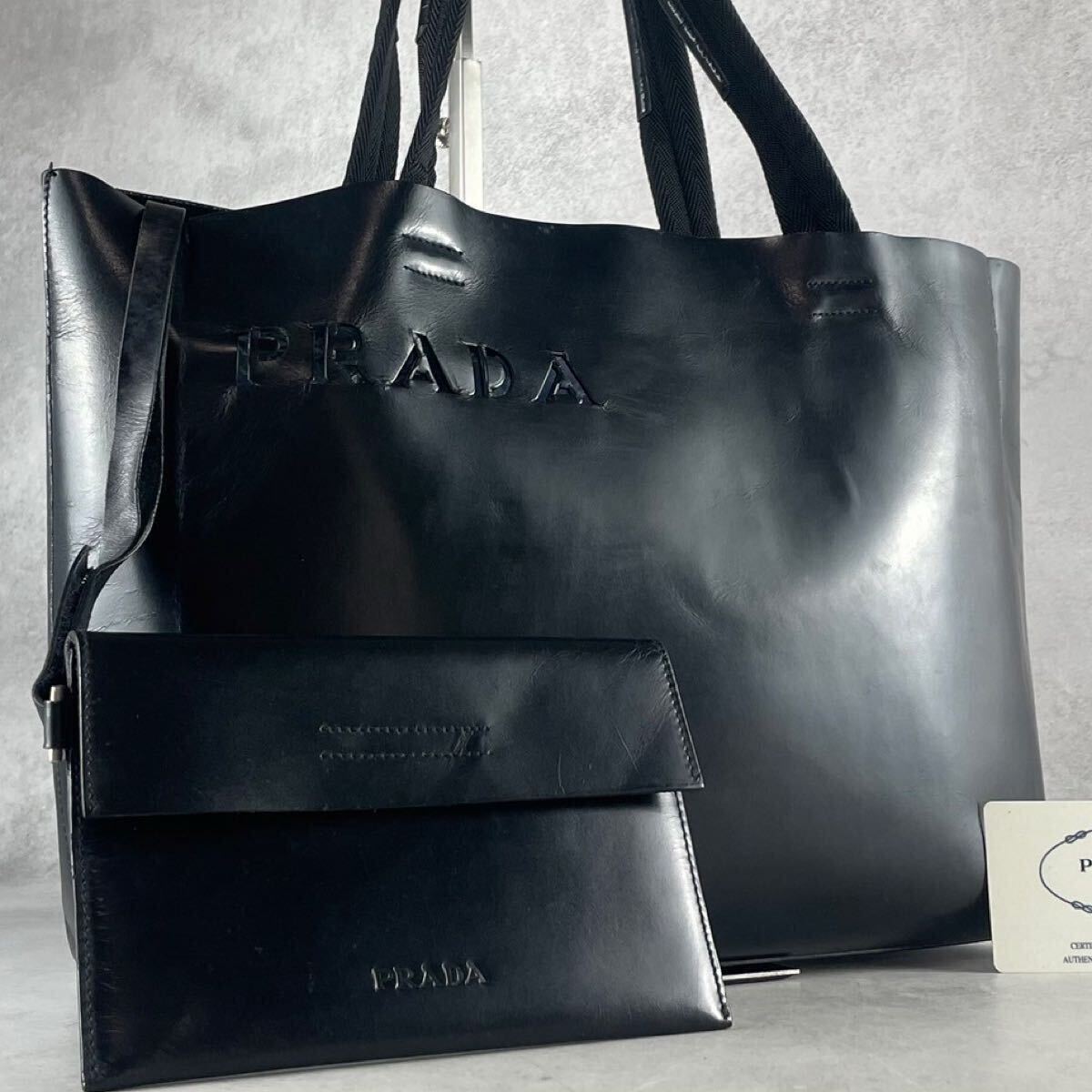 【人気モデル】PRADA プラダ トートバッグ ハンド パンチング ロゴ レザー 本革 ブラック A4◎ メンズ 肩掛け ビジネス 大容量 A4/PC◎