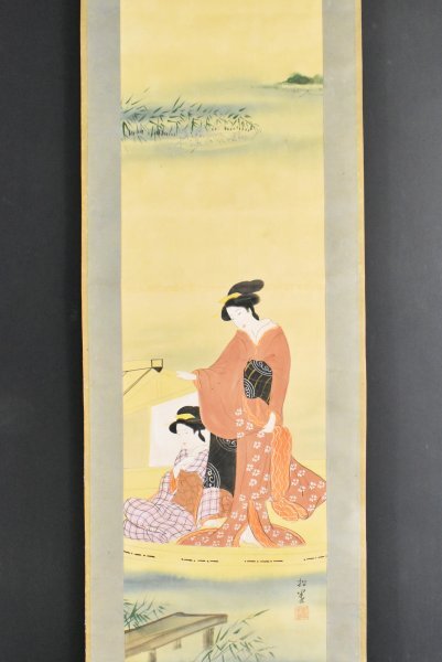 模写/香舟/美人画/布袋屋掛軸HD-328 K5818 模写 上村松園「舟上美人画」絹本 合箱 竹内栖鳳師事 着物