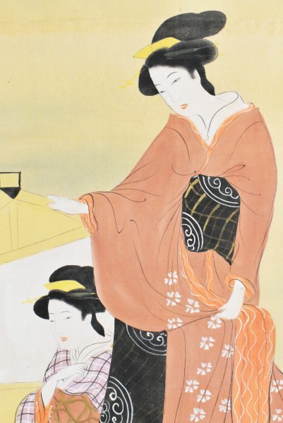 【真作】掛軸 美人画 上品な女性の佇まい 伝統美を描く 合箱入 R14 K5818 模写 上村松園「舟上美人画」絹本 合箱 竹内栖鳳師事 着物