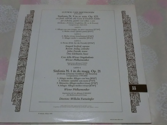 ★伊Cetra(FE 33)　未使用　2LP　フルトヴェングラー／VPO　ベートーヴェン／『第九』&第1番　1951年&52年ウィーンLive★