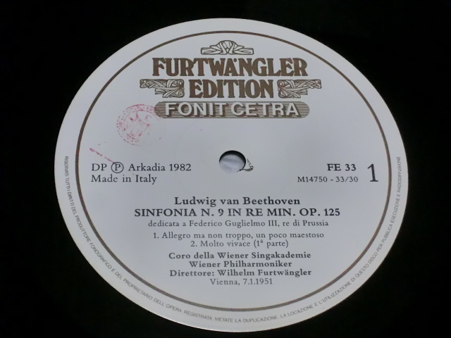 ★伊Cetra(FE 33)　未使用　2LP　フルトヴェングラー／VPO　ベートーヴェン／『第九』&第1番　1951年&52年ウィーンLive★