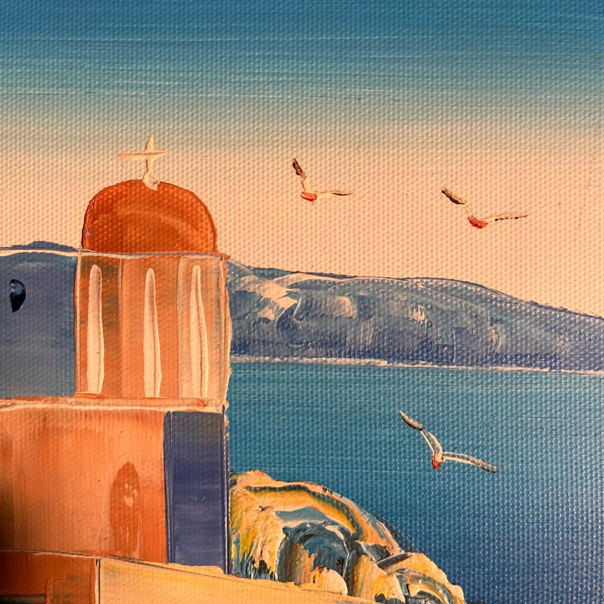 手描き油絵 サントリーニの風景 額付 肉筆絵画 インテリア 油彩画 手描き油絵 サントリーニの風景 額付 肉筆絵画 インテリア 油彩