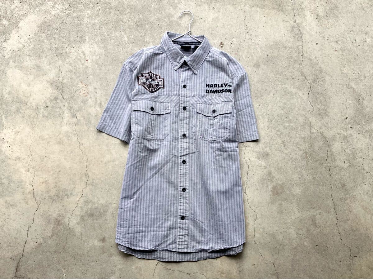 海外限定【Harley-Davidson】ストライプ メカニックシャツ 美品 HARLEY DAVIDSON メカニックシャツ XL ハーレー