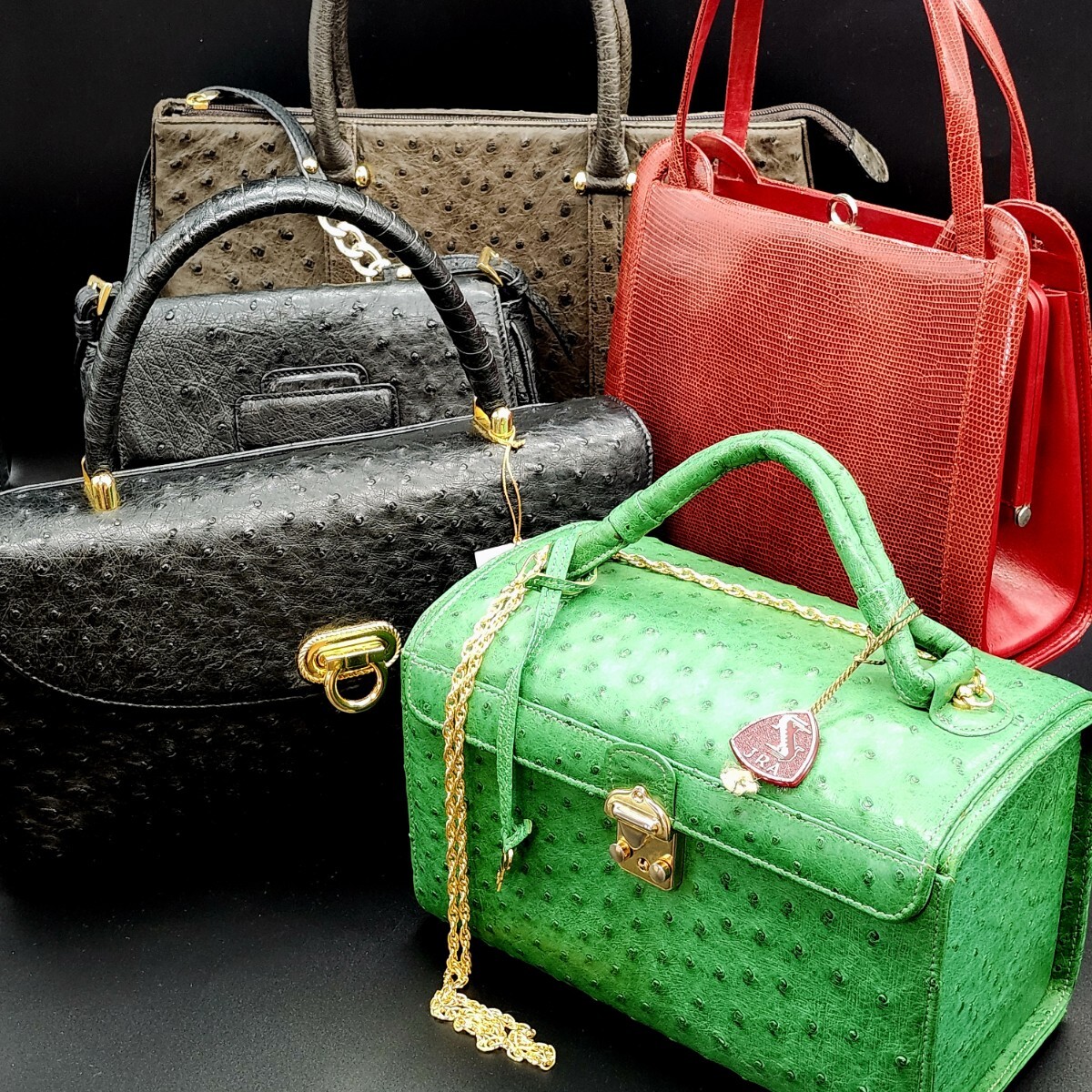 1円 GENUINE OSTRICH LIZARD JRA オーストリッチ リザード Prima Bella ハンドバッグ バニティ 2WAY レッド グリーン ゴールド ポーチ