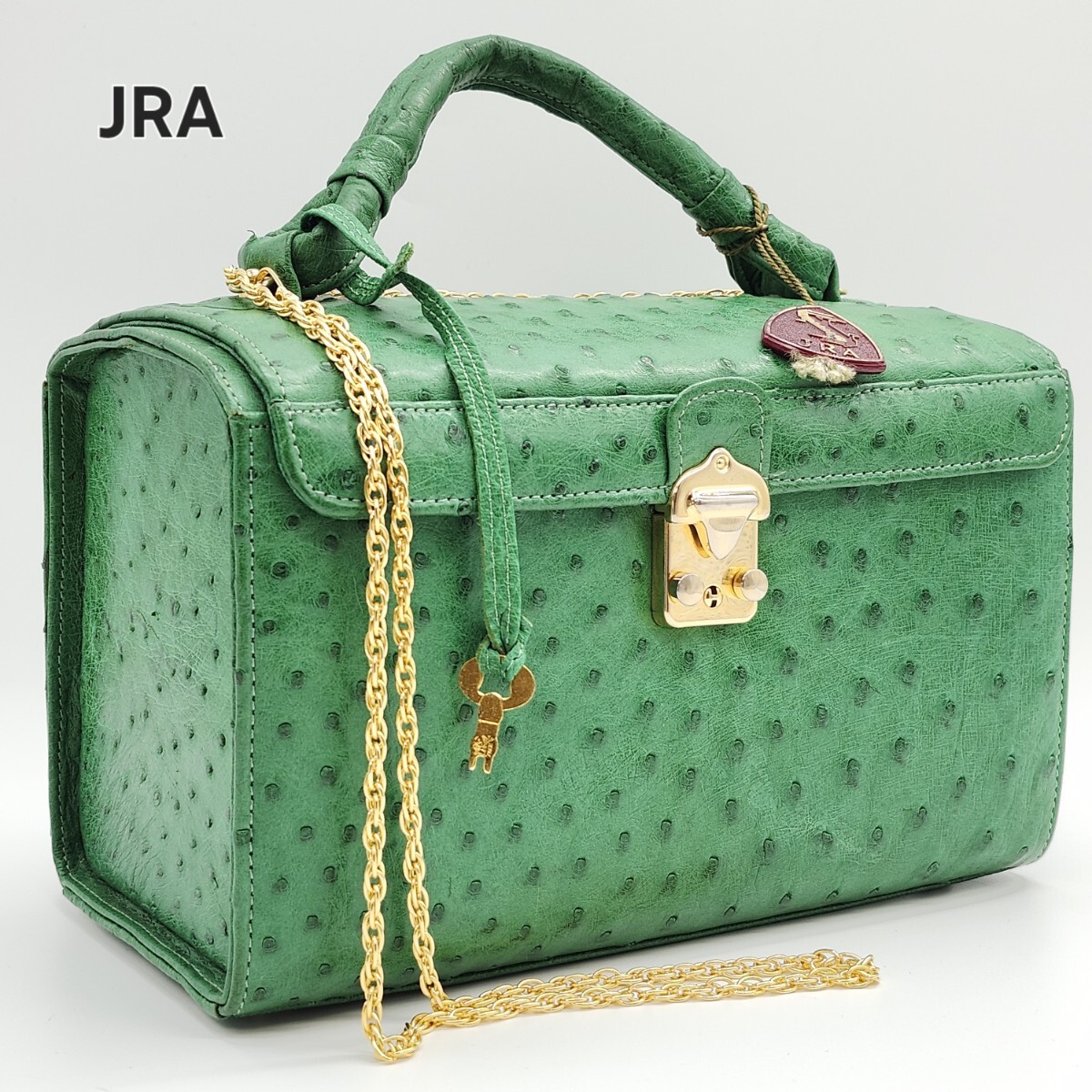 1円 GENUINE OSTRICH LIZARD JRA オーストリッチ リザード Prima Bella ハンドバッグ バニティ 2WAY レッド グリーン ゴールド ポーチ