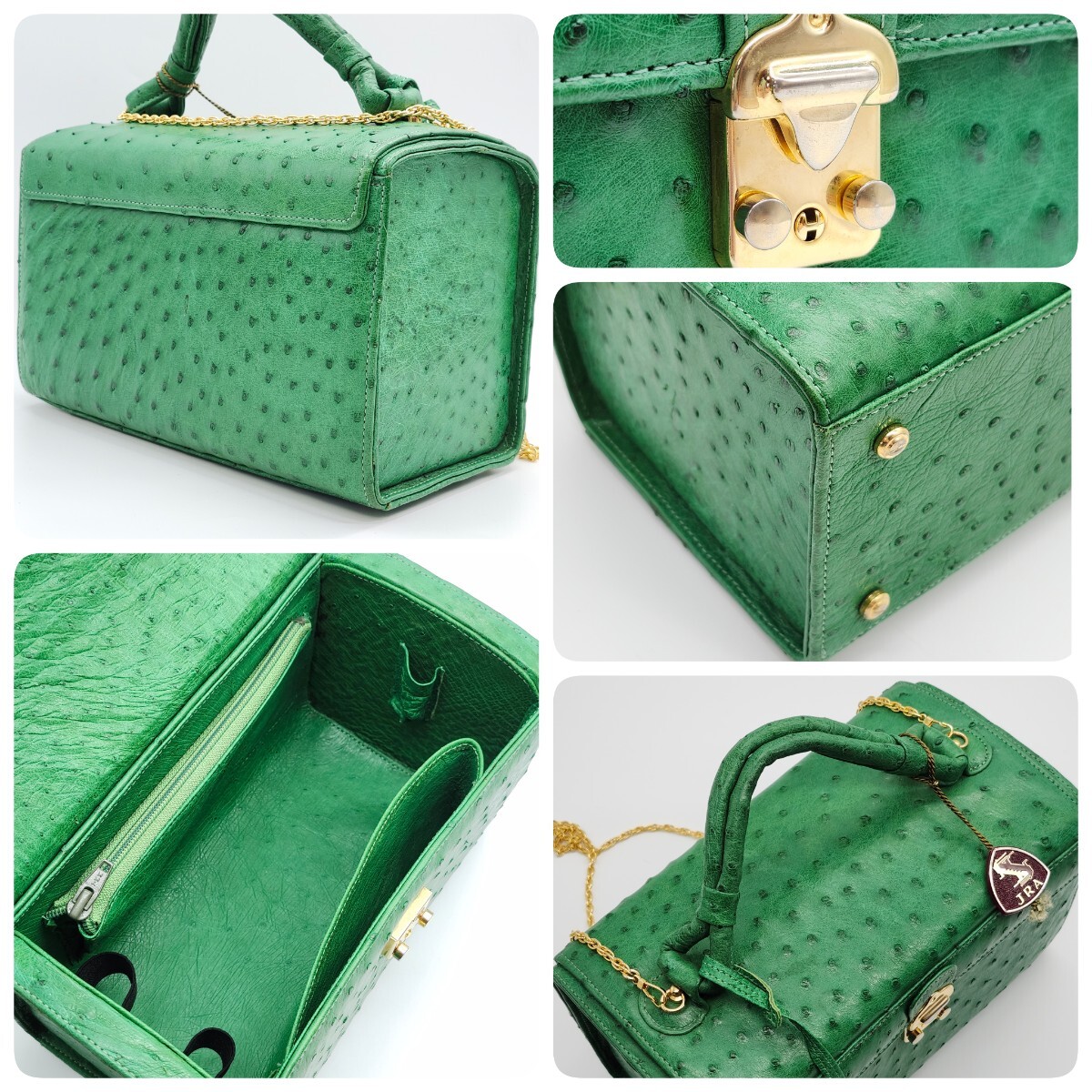 1円 GENUINE OSTRICH LIZARD JRA オーストリッチ リザード Prima Bella ハンドバッグ バニティ 2WAY レッド グリーン ゴールド ポーチ