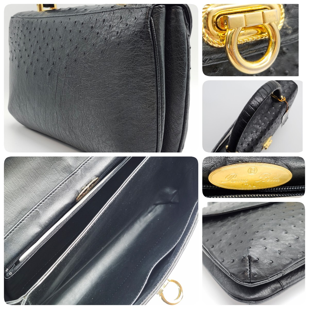1円 GENUINE OSTRICH LIZARD JRA オーストリッチ リザード Prima Bella ハンドバッグ バニティ 2WAY レッド グリーン ゴールド ポーチ