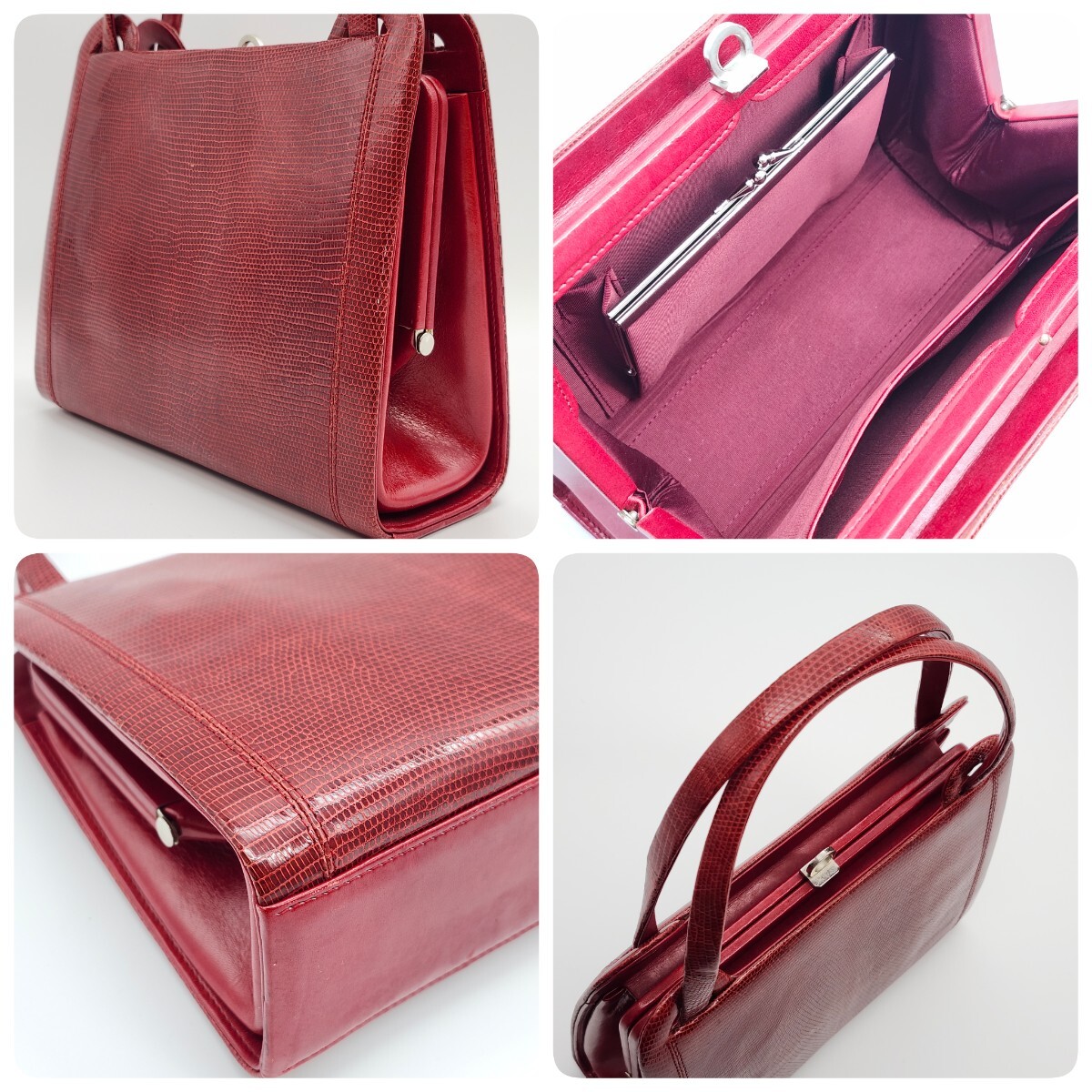 1円 GENUINE OSTRICH LIZARD JRA オーストリッチ リザード Prima Bella ハンドバッグ バニティ 2WAY レッド グリーン ゴールド ポーチ