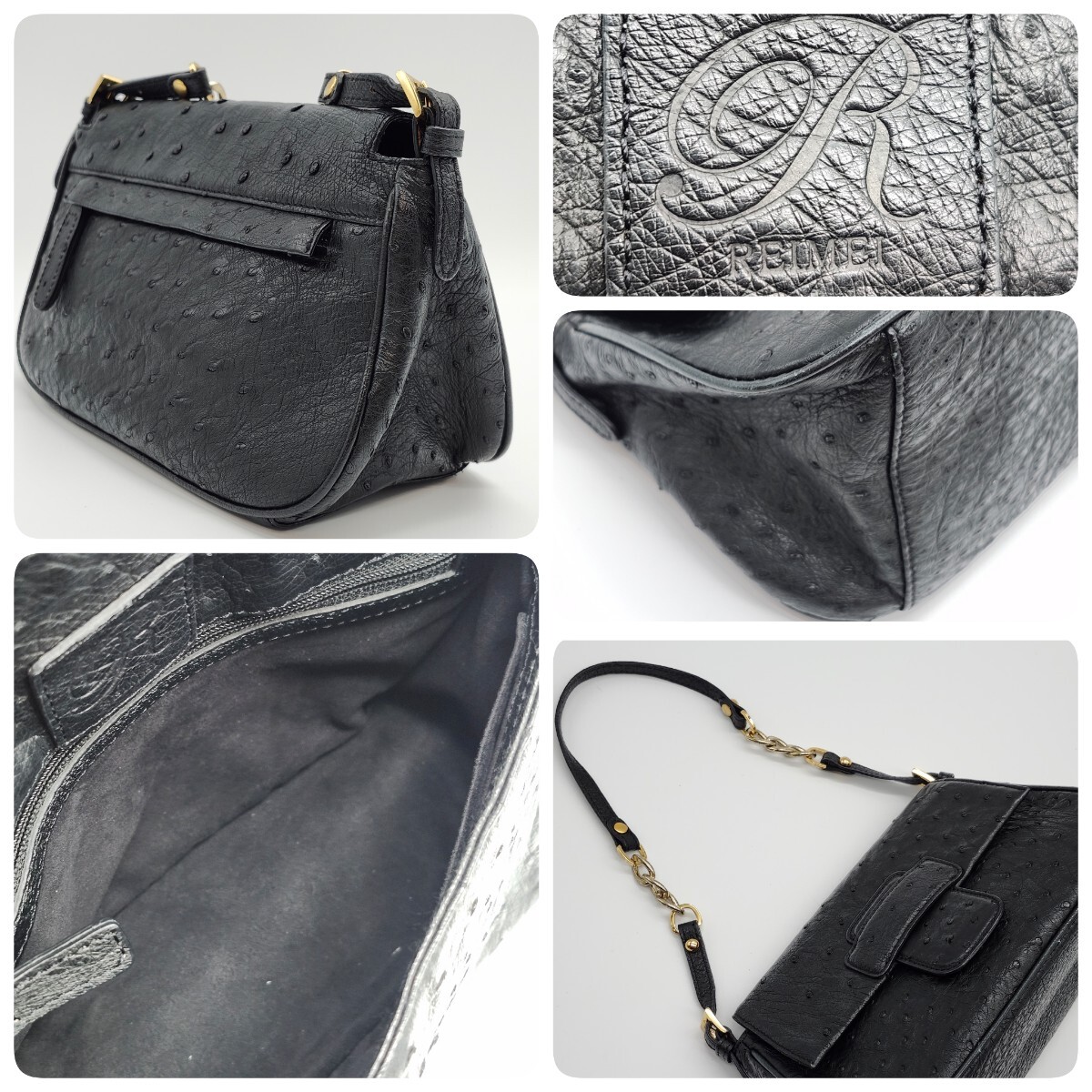 1円 GENUINE OSTRICH LIZARD JRA オーストリッチ リザード Prima Bella ハンドバッグ バニティ 2WAY レッド グリーン ゴールド ポーチ