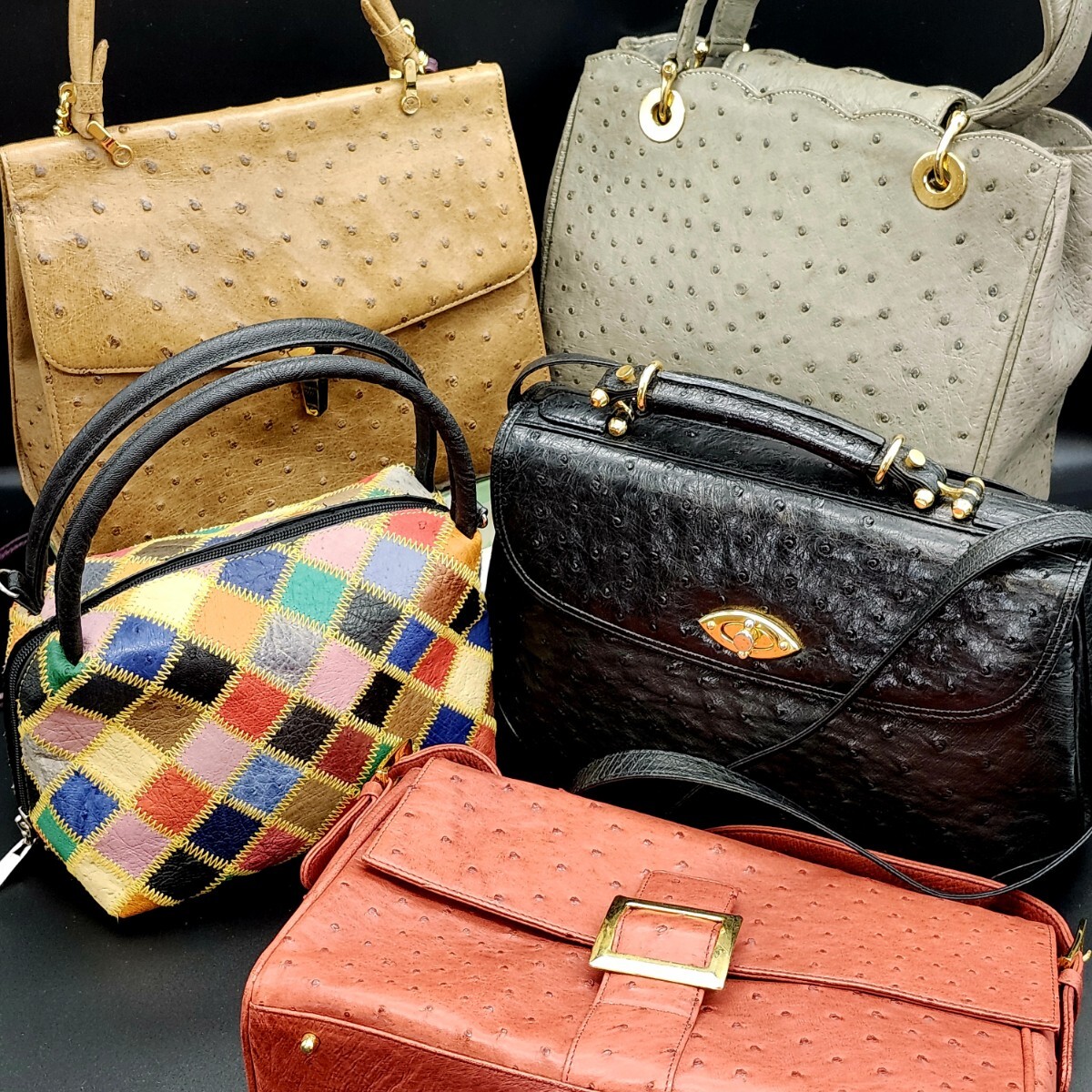 1円 majestic CRESS OSTRICH オーストリッチ ハンドバッグ トップハンドル 2WAY マジェスティック ショルダー レッド パッチワーク