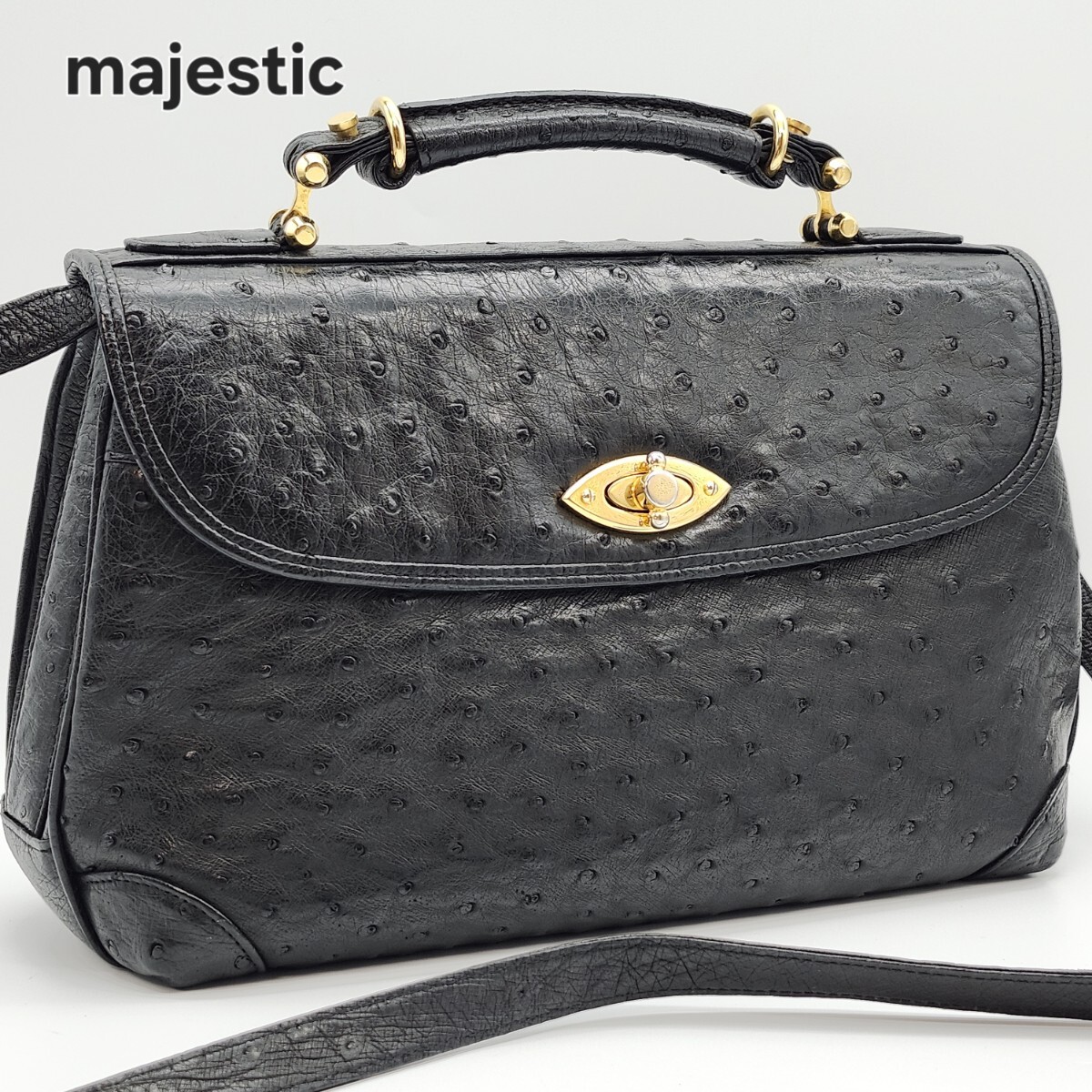 1円 majestic CRESS OSTRICH オーストリッチ ハンドバッグ トップハンドル 2WAY マジェスティック ショルダー レッド パッチワーク
