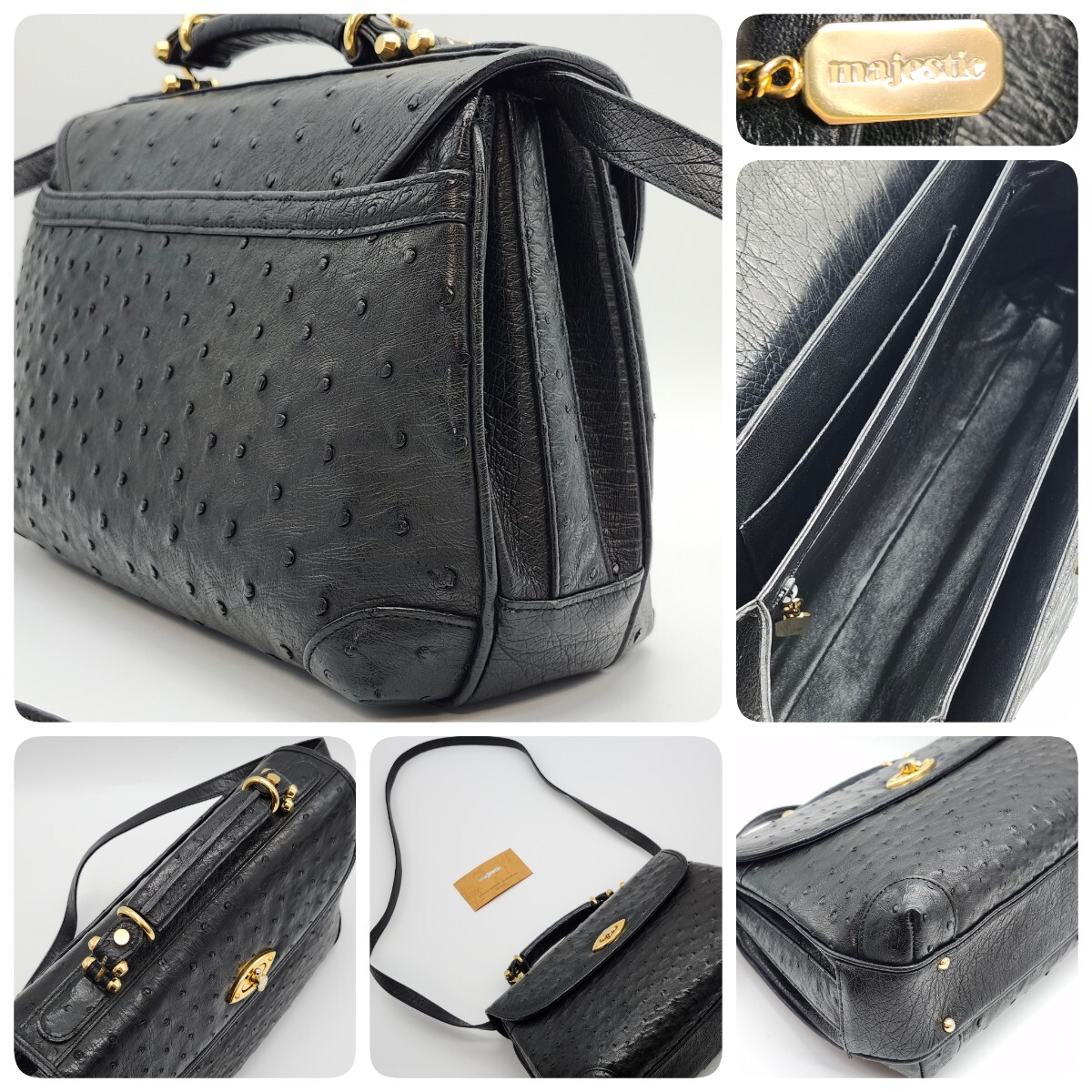 1円 majestic CRESS OSTRICH オーストリッチ ハンドバッグ トップハンドル 2WAY マジェスティック ショルダー レッド パッチワーク