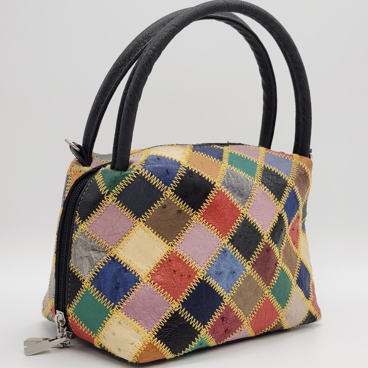 1円 majestic CRESS OSTRICH オーストリッチ ハンドバッグ トップハンドル 2WAY マジェスティック ショルダー レッド パッチワーク