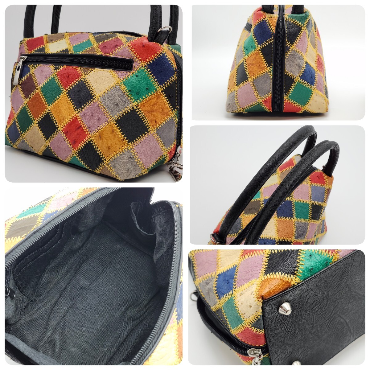1円 majestic CRESS OSTRICH オーストリッチ ハンドバッグ トップハンドル 2WAY マジェスティック ショルダー レッド パッチワーク
