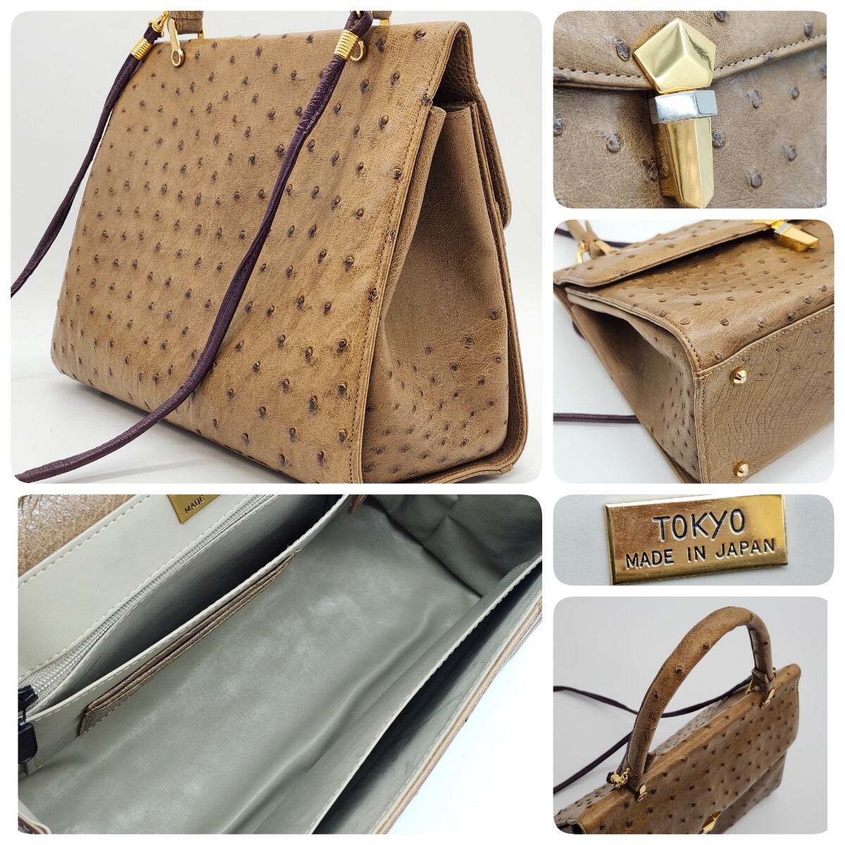 1円 majestic CRESS OSTRICH オーストリッチ ハンドバッグ トップハンドル 2WAY マジェスティック ショルダー レッド パッチワーク