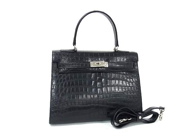 1円 ■極上■本物■美品■ クロコダイル ワンハンドル 2WAY クロスボディ ハンドバッグ ショルダー 斜め掛け ブラック系 FG8635