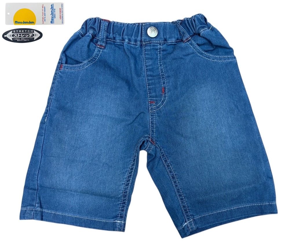 即決　新品タグ付 ムージョンジョン Moujonjon★ストレッチ デニムニット 6分丈 ハーフパンツ★接觸冷感生地★90cm 1-2才 ￥2200