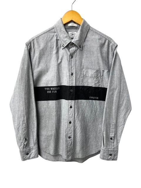 ■美品■Schott ショット ラインプリント 長(zhǎng)袖 オックスフォード シャツ XL■グレー ボタンダウン TWO WHEELS ONE FIN FOREVER 日本制