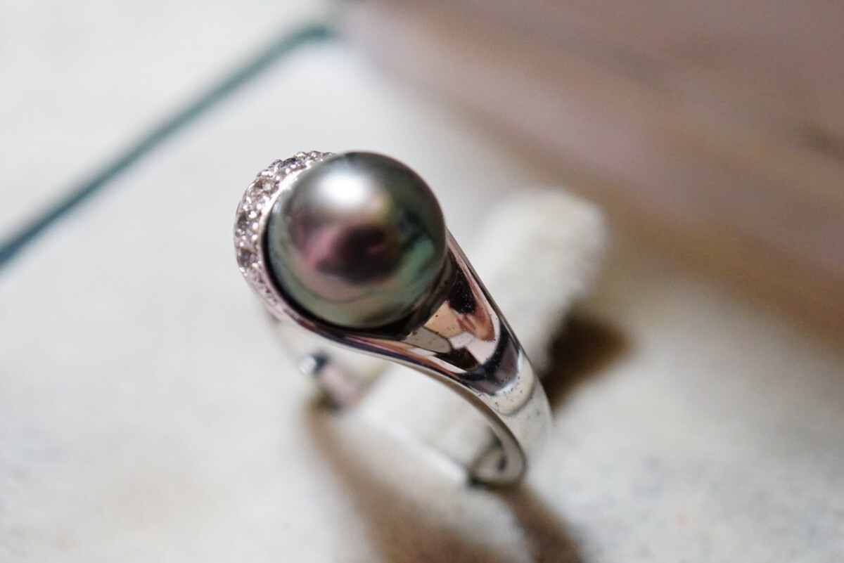 290 黒真珠 天然ダイヤモンド シルバー リング 指輪 ヴィンテージ アクセサリー SILVER刻印 本真珠 パール シルバージュエリー 裝飾品
