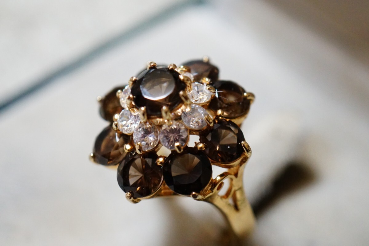 1159 天然スモーキークォーツ ゴールドカラー リング 指輪 ヴィンテージ アクセサリー 天然石 色石 寶石 カラーストーン 裝飾品