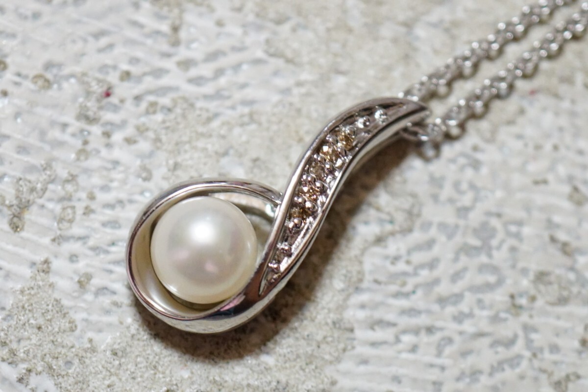 1473 天然ダイヤモンド 0.05ct アコヤ真珠 本真珠 パール シルバー ペンダント ネックレス ヴィンテージ アクセサリー SILVER刻印 冠婚葬祭