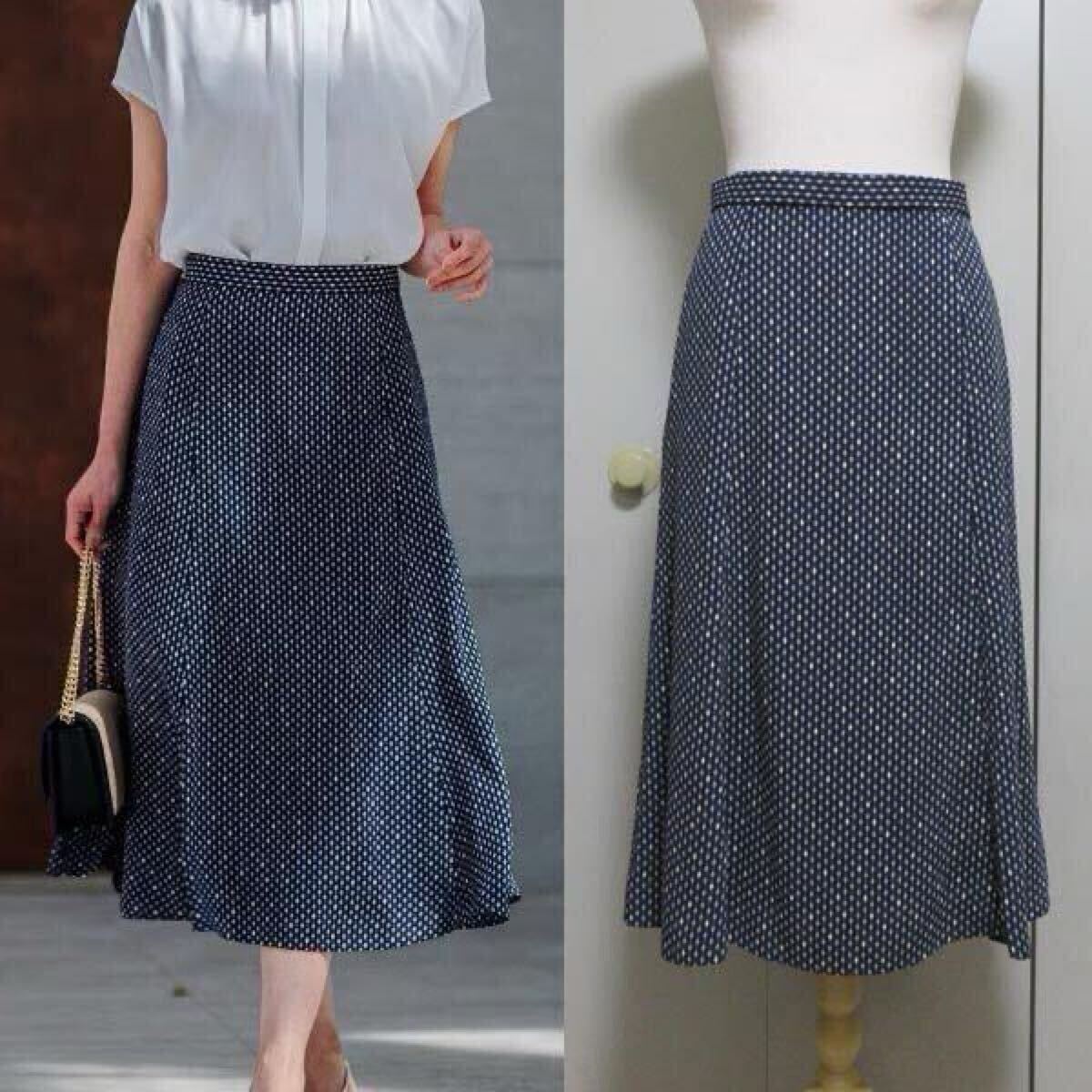 23区【洗える】バックサテンアムンゼンレユールダイヤプリント スカート 紺Mサイズ・新品_画像1