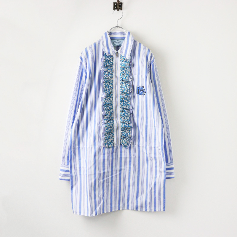 プラダ PRADA ジャガードフリル ストライプ シャツ /サックスブルー トップス プルオーバー 長(zhǎng)袖 ジップアップ【2400014454796】