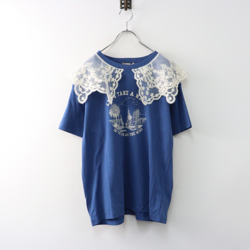 未使用 サマンサモスモス Samansa Mos2 SM2 シアーレース襟付Tシャツ F/ブルー カットソー 半袖 クルーネック【2400014478365】