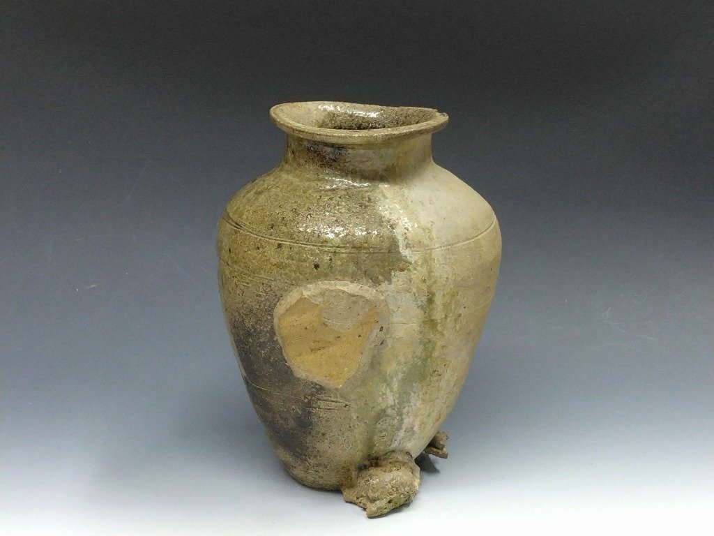 時(shí)代物/骨董名品◆◇?；?自然釉三筋壺(平安末~鎌倉書期/12世紀(jì)末頃) うぶだし売切り 骨董コレクターより委託品 木箱添◇◆dy15394-p