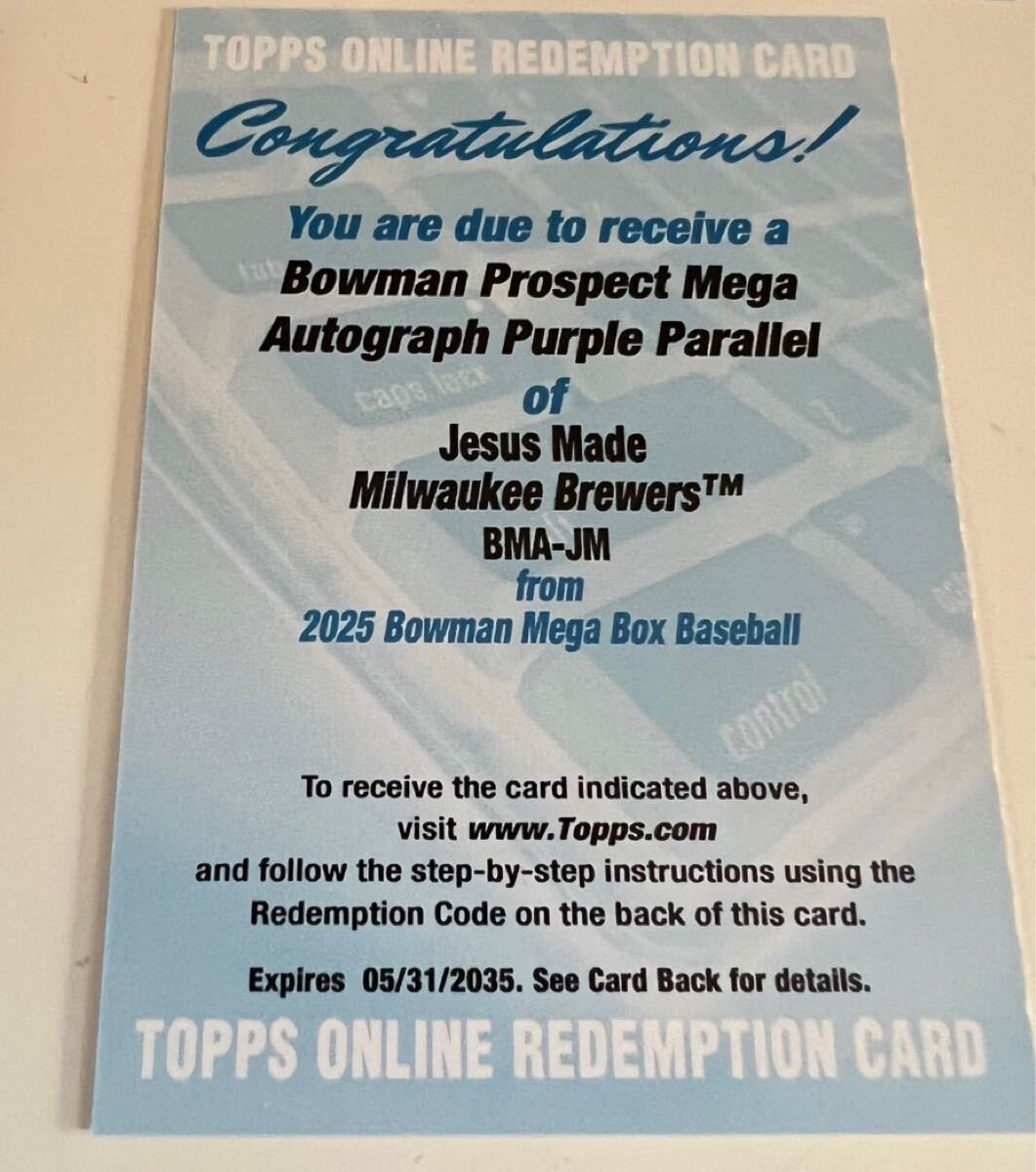 【Jesus Made】Autograph Purple Parallel 未使用　Redemption レデプション　プロスペクト23位　直筆サイン Topps bowman 2025 MLB