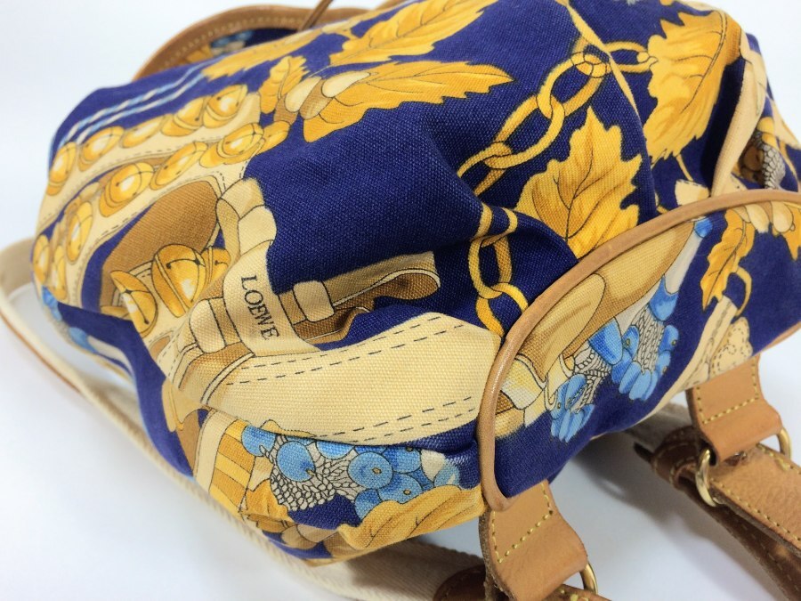 ロエベ リュックサック ボタニカル キャンバス×レザー ネイビー×プリント柄 【人気 美品】 返品保証