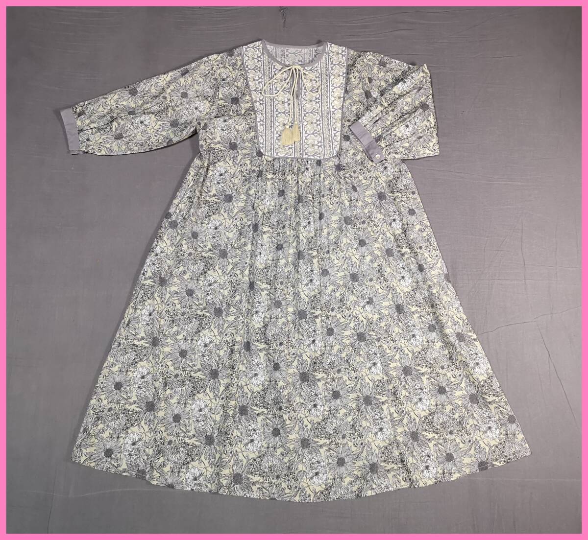 WH‐４１６‐２☆春秋☆新品☆送料込み☆即決☆ナチュラル系☆薄手のインド綿☆ワンピース☆Ｍ～Ｌサイズ☆グレー系☆植物柄