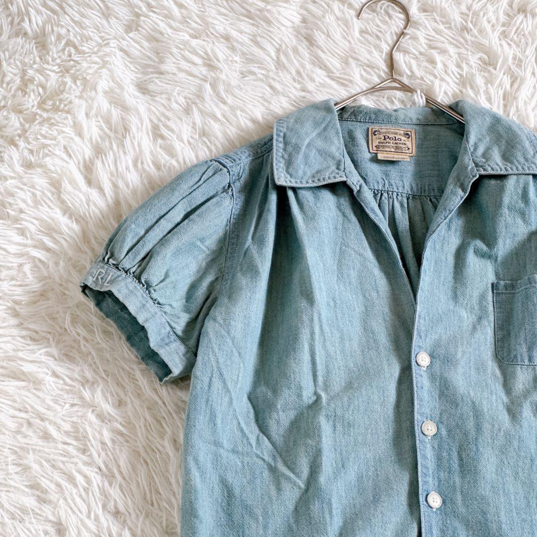 ポロラルフローレン パフスリーブ デニムシャツ インディゴ染め RL刺繍入り M POLO RALPH LAUREN ポロラルフローレン パフスリーブ デニム