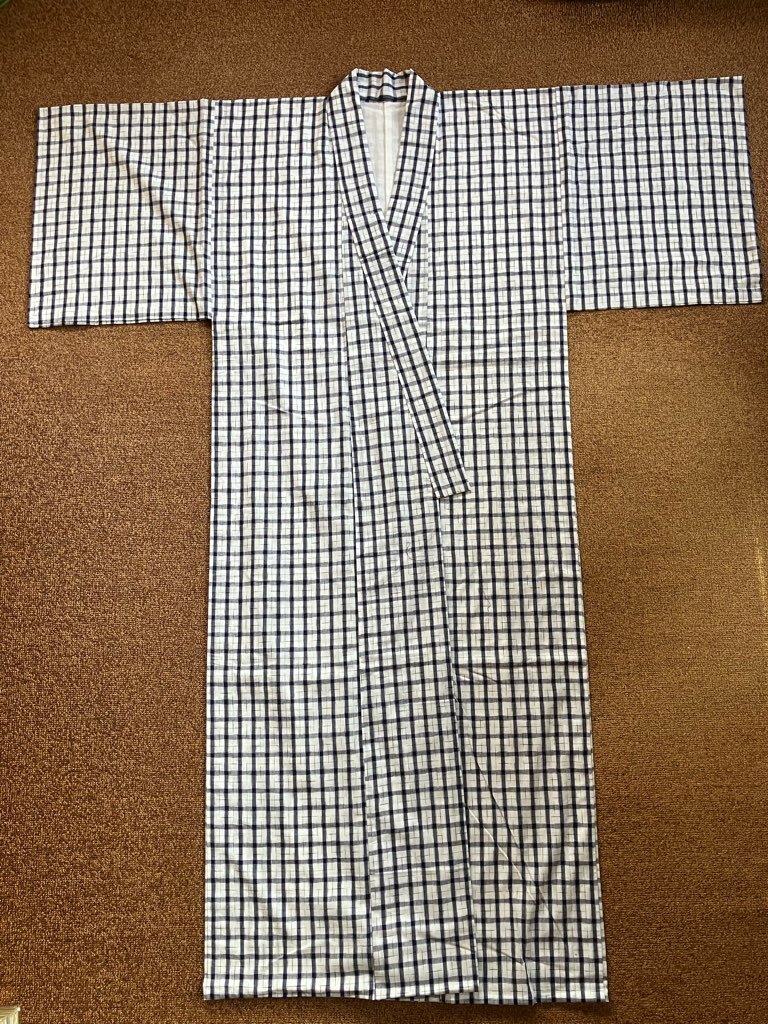 丹前下　青系縞　ハンドメイド　身丈：約152cm　毛布 寢巻き