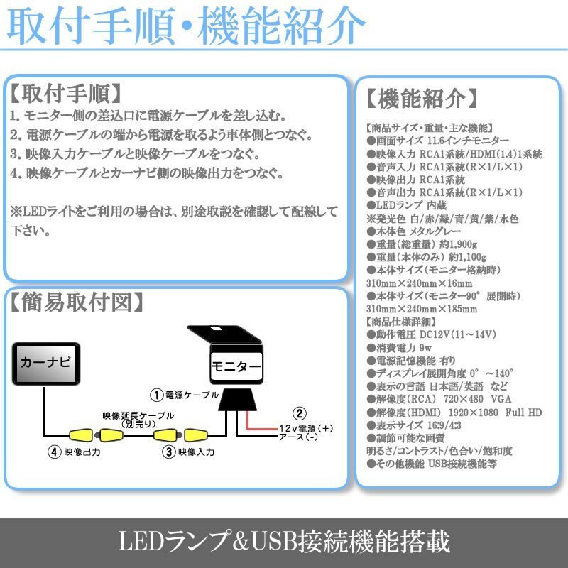 ホンダ純正 ナビ対応 11.6インチ フリップダウンモニター 國産車向け配線 映像出力アダプター付 ノイズカット 18ヶ月保証