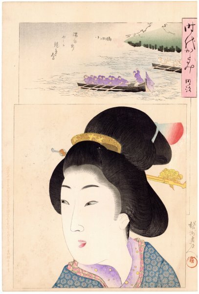 ♢江戸時代 浮世絵！類品少数 婦人図 雲母摺 竹製枠 額入 珍物