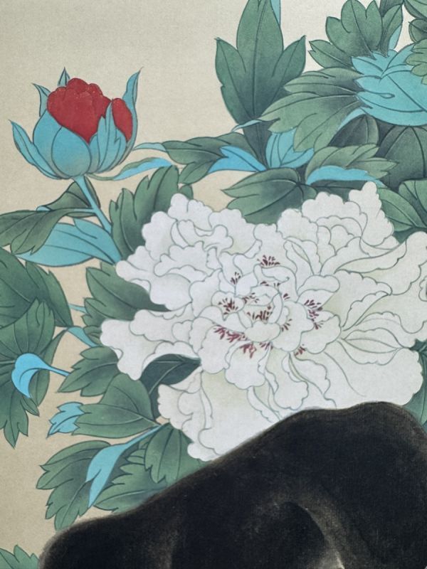 蔵出 中国書画【近時代 張大千 鷹犬牡丹図】肉筆紙本 掛け軸