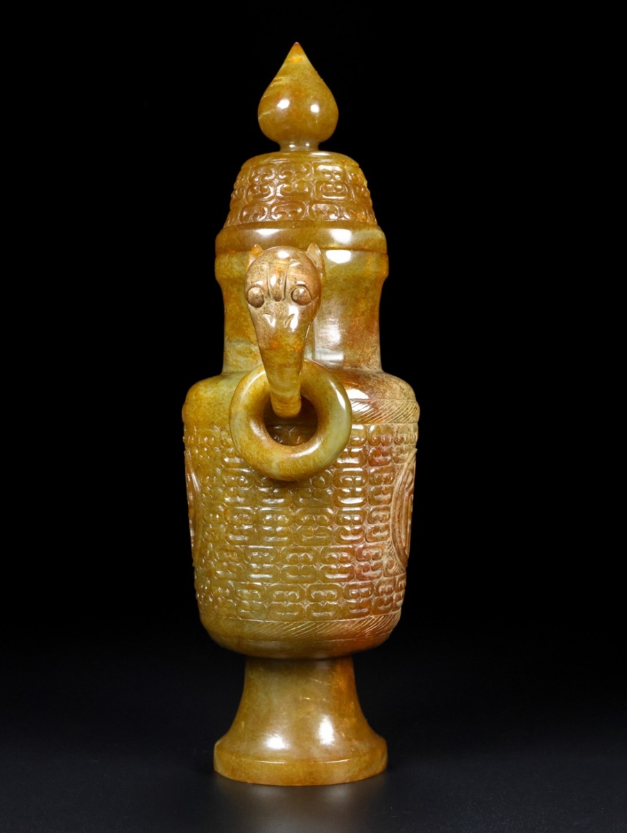 蔵出【和田玉 高古玉彫 常樂 双耳銜環玉瓶 時代物】置物