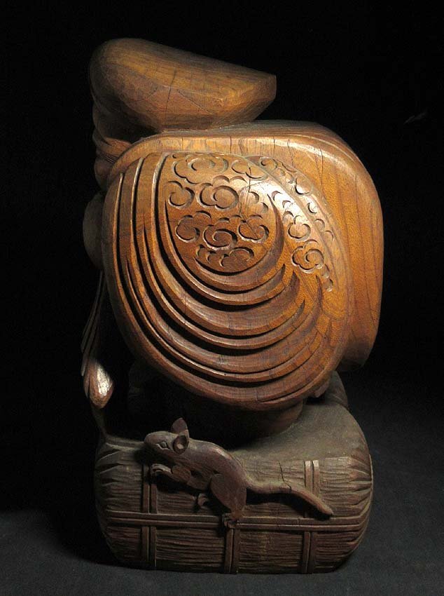 緑屋s□ 時代物 木彫 恵比寿 大黒 2点 在銘 仏教美術 i9/5-6374