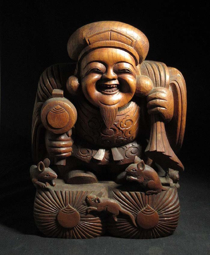緑屋s□ 時代物 木彫 恵比寿 大黒 2点 在銘 仏教美術 i9/5-6374