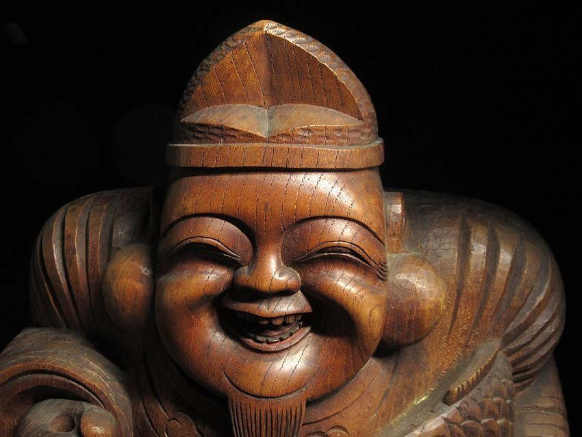 緑屋s□ 時代物 木彫 恵比寿 大黒 2点 在銘 仏教美術 i9/5-6374
