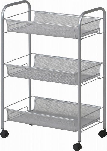 送料無(wú)料/キッチンワゴン メッシュトローリー 3段 バスケット キャスターワゴン 隙間収納 幅43.5cm 奧行26cm 高さ62.5cm シルバー/新品
