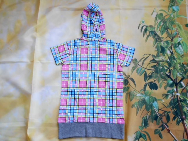 DC01★ニッセン/NISSEN【130cm】パーカーTシャツ 丈長め チェック柄 水色×ピンク 未使用