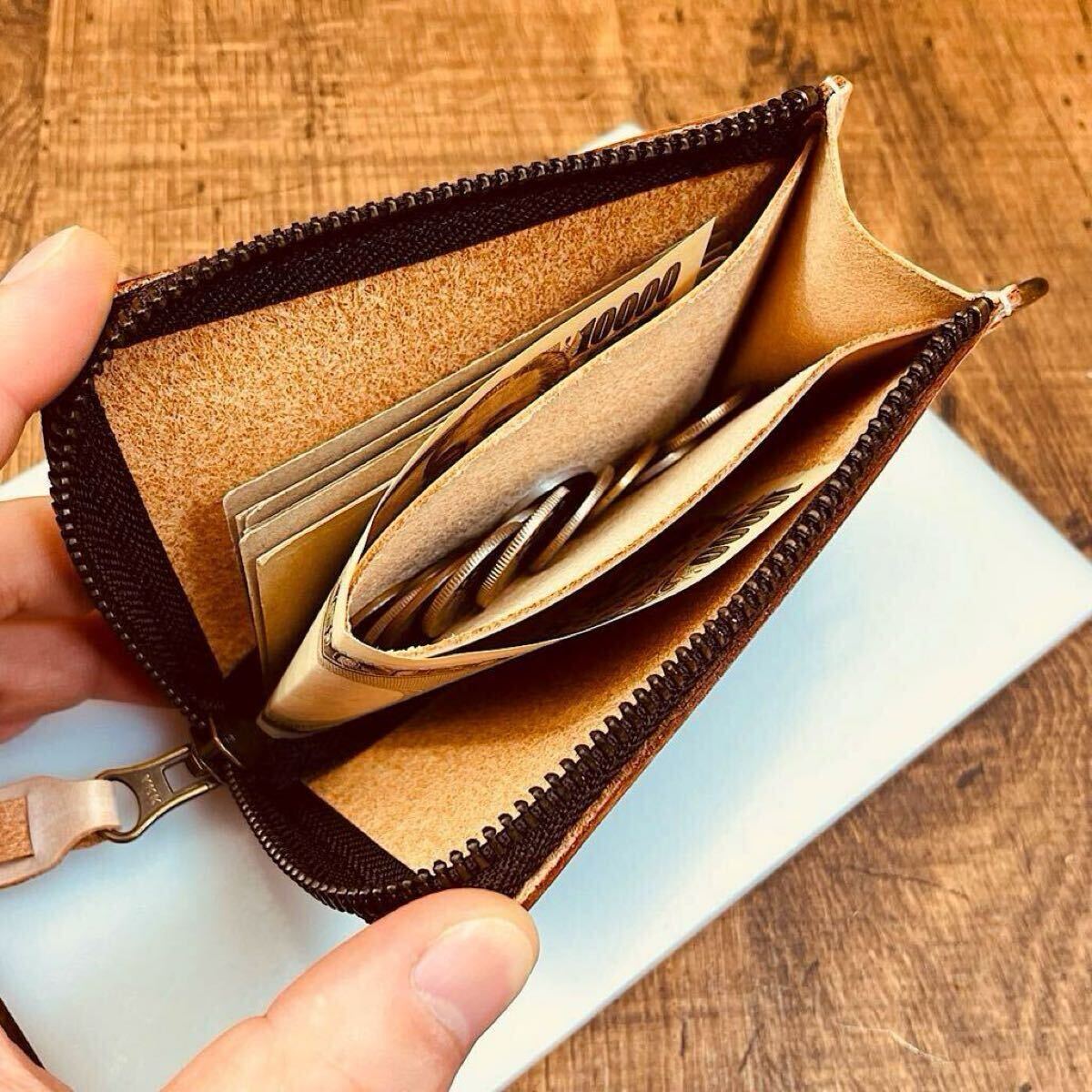 新品 ブライドルレザー スリム 手のひらサイズ ミドルウォレット メンズ 二つ折り 財布 L字ファスナー 男 新品 未使用 1円 本革 