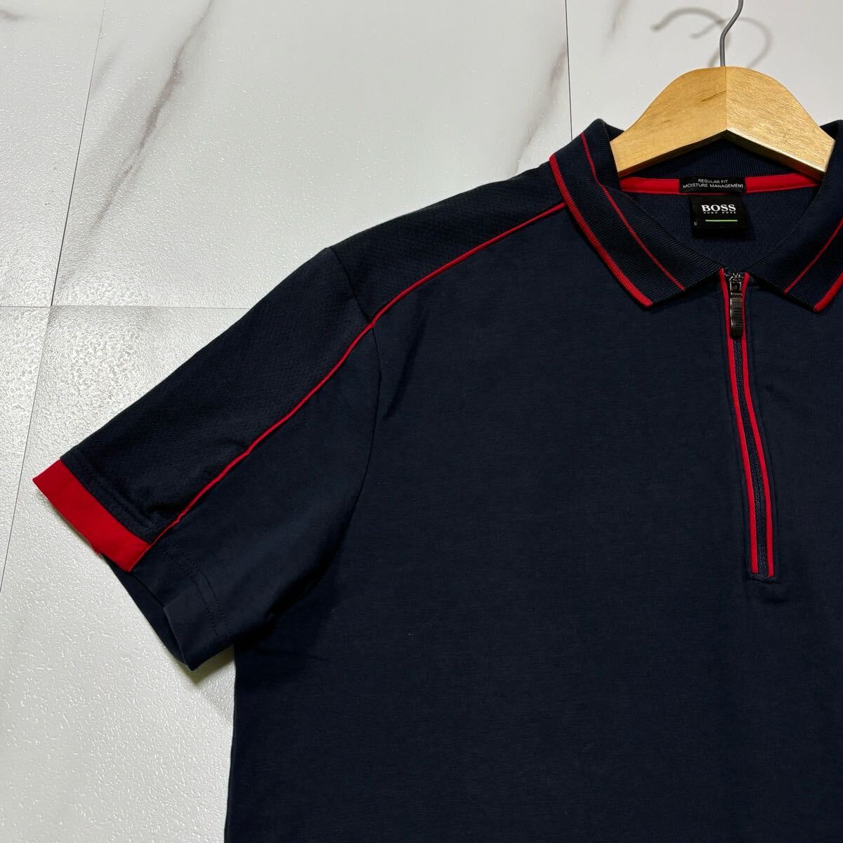 極美品/ Lサイズ HUGO BOSS ヒューゴボス ポロシャツ 半袖 ジップ 吸収速干 ネイビー 現(xiàn)行タグ 大谷翔平 