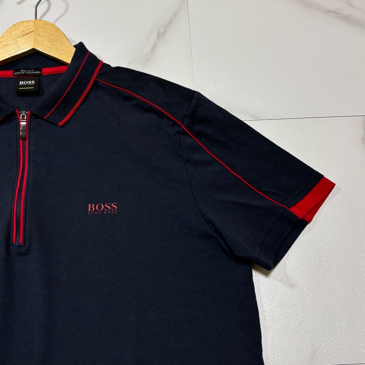 極美品/ Lサイズ HUGO BOSS ヒューゴボス ポロシャツ 半袖 ジップ 吸収速干 ネイビー 現(xiàn)行タグ 大谷翔平 