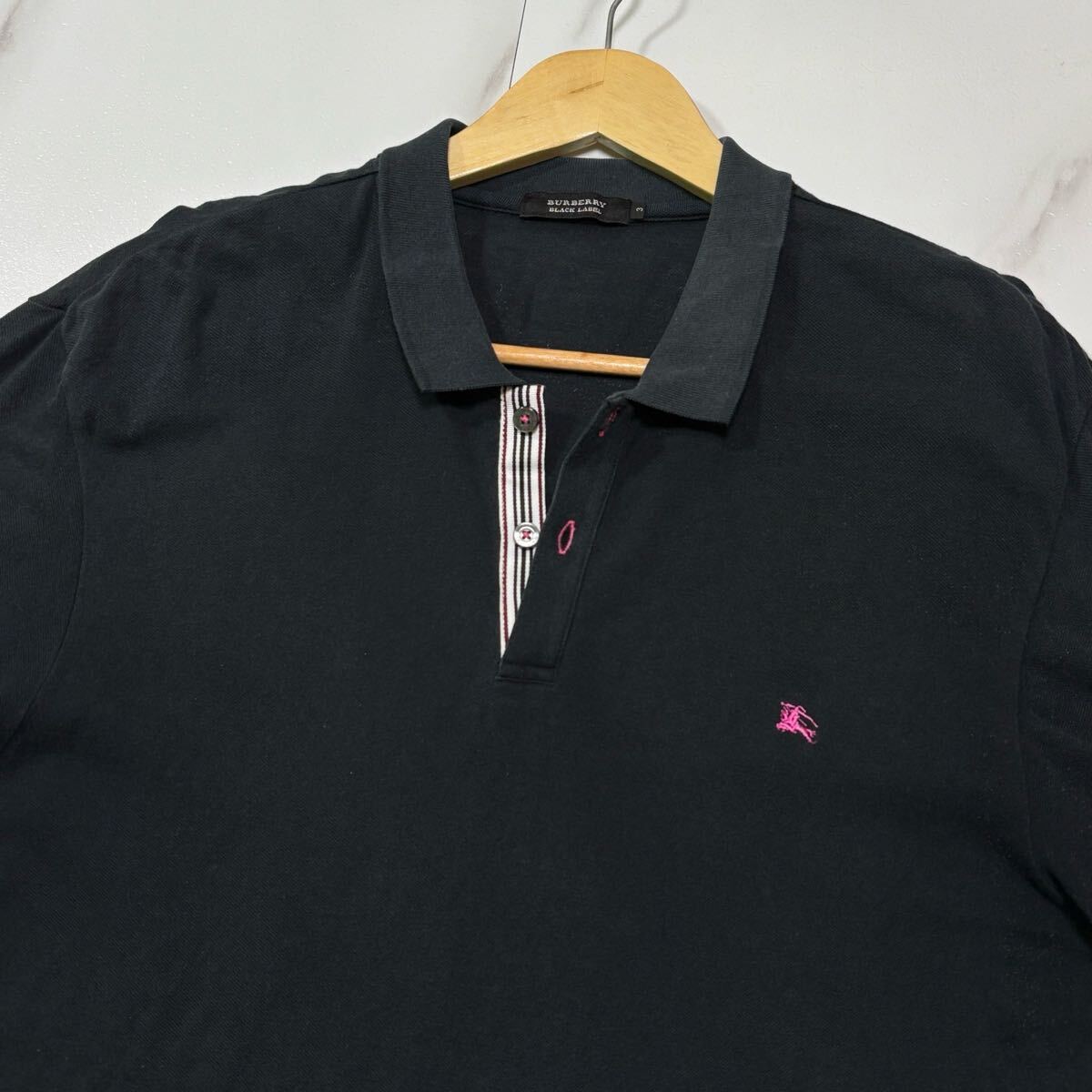 希少/ Lサイズ BURBERRY BLACK LABEL バーバリーブラックレーベル ポロシャツ 半袖 ストレッチ素材 ホースロゴ刺繍 黒 3サイズ